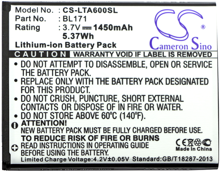 Аккумулятор CS-LTA600SL BL171 для Lenovo A390 3.7V / 1450mAh / 5.37Wh